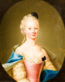 Schloss und Schlossgarten Schwetzingen - Schloss - Mittelbau - Von innen - 1. Obergeschoss - Dienerschaftsräume / Degagements - Kammerdienerinnen-Zimmer - Westwand, links der Tür zum Schlafzimmer - Porträt einer Hofdame der Kurfürstin Elisabeth Auguste; Halbbildnis, ohne Hände, in gemaltem Oval (Maler und Datierung: unklar) (aufgenommen im Februar 2024, am frühen Nachmittag) Schloss und Schlossgarten Schwetzingen - Schloss - Mittelbau - Von innen - 1. Obergeschoss - Dienerschaftsräume / Degagements - Kammerdienerinnen-Zimmer - Westwand, links der Tür zum Schlafzimmer - Porträt einer Hofdame der Kurfürstin Elisabeth Auguste; Halbbildnis, ohne Hände, in gemaltem Oval (Maler und Datierung: unklar) (aufgenommen im Februar 2024, am frühen Nachmittag)