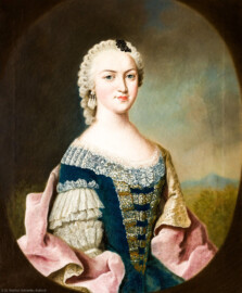 Schloss und Schlossgarten Schwetzingen - Schloss - Mittelbau - Von innen - 1. Obergeschoss - Dienerschaftsräume / Degagements - Kammerdienerinnen-Zimmer - Südwand, rechts des Fensters - Vermutlich Porträt der Marianne Gräfin von Auersberg, Hofdame der Kurfürstin Elisabeth Auguste; Halbbildnis, ohne Hände, in gemaltem Oval (Maler: Johann Georg Ziesenis der Jüngere (1716-1776), Datierung: um 1745-1750; Öl/Leinwand, Höhe x Breite 45,5 X 37,5 cm; Rückseite später beschriftet: "Nro. 9 / Marianne, Gräfin von Auersberg, / Hof / dame. 1742."; Inv.-Nr. G 3836) (aufgenommen im Februar 2024, am frühen Nachmittag) Schloss und Schlossgarten Schwetzingen - Schloss - Mittelbau - Von innen - 1. Obergeschoss - Dienerschaftsräume / Degagements - Kammerdienerinnen-Zimmer - Südwand, rechts des Fensters - Vermutlich Porträt der Marianne Gräfin von Auersberg, Hofdame der Kurfürstin Elisabeth Auguste; Halbbildnis, ohne Hände, in gemaltem Oval (Maler: Johann Georg Ziesenis der Jüngere (1716-1776), Datierung: um 1745-1750; Öl/Leinwand, Höhe x Breite 45,5 X 37,5 cm; Rückseite später beschriftet: "Nro. 9 / Marianne, Gräfin von Auersberg, / Hof / dame. 1742."; Inv.-Nr. G 3836) (aufgenommen im Februar 2024, am frühen Nachmittag)