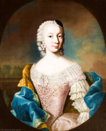 Schloss und Schlossgarten Schwetzingen - Schloss - Mittelbau - Von innen - 1. Obergeschoss - Dienerschaftsräume / Degagements - Kammerdienerinnen-Zimmer - Südwand, rechts des Fensters - Porträt der Louisa von Loe, Hofdame der Kurfürstin Elisabeth Auguste; Halbbildnis, ohne Hände, in gemaltem Oval (Maler: Johann Georg Ziesenis der Jüngere (1716-1776), Datierung: um 1745-1750; Öl/Leinwand, Höhe x Breite 45,4 x 37,5 cm; Rückseite später beschriftet: "Nro. 15. / Louisa, freyin von Loe, / Hof / dame, 1746."; Inv.-Nr. G 3841) (aufgenommen im Februar 2024, am frühen Nachmittag) Schloss und Schlossgarten Schwetzingen - Schloss - Mittelbau - Von innen - 1. Obergeschoss - Dienerschaftsräume / Degagements - Kammerdienerinnen-Zimmer - Südwand, rechts des Fensters - Porträt der Louisa von Loe, Hofdame der Kurfürstin Elisabeth Auguste; Halbbildnis, ohne Hände, in gemaltem Oval (Maler: Johann Georg Ziesenis der Jüngere (1716-1776), Datierung: um 1745-1750; Öl/Leinwand, Höhe x Breite 45,4 x 37,5 cm; Rückseite später beschriftet: "Nro. 15. / Louisa, freyin von Loe, / Hof / dame, 1746."; Inv.-Nr. G 3841) (aufgenommen im Februar 2024, am frühen Nachmittag)