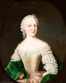Schloss und Schlossgarten Schwetzingen - Schloss - Mittelbau - Von innen - 1. Obergeschoss - Dienerschaftsräume / Degagements - Kammerdienerinnen-Zimmer - Südwand, rechts des Fensters - Vermutlich Porträt der Leopoldine von Ketschau, Kammerfräulein der Kurfürstin Elisabeth Auguste; Halbbildnis, ohne Hände, in gemaltem Oval (Maler: Johann Georg Ziesenis der Jüngere (1716-1776), Datierung: um 1745-1750; Öl/Leinwand, Höhe x Breite 45,5 x 37,5 cm cm; Rückseite später beschriftet: "Nro. 13. / Leopoldina, freyin von Ketschau, / Hof / dame, 1745. / Camer fräulein, 1768."; Inv.-Nr. G 3840) (aufgenommen im Februar 2024, am frühen Nachmittag)