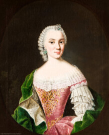 Schloss und Schlossgarten Schwetzingen - Schloss - Mittelbau - Von innen - 1. Obergeschoss - Dienerschaftsräume / Degagements - Kammerdienerinnen-Zimmer - Südwand, rechts des Fensters - Vermutlich Porträt der Wilhelmina von Hacke, Hofdame der Kurfürstin Elisabeth Auguste; Halbbildnis, ohne Hände, in gemaltem Oval (Maler: Johann Georg Ziesenis der Jüngere (1716-1776), Datierung: um 1745-1750; Öl/Leinwand, Höhe x Breite 45,7 x 37,5 cm; Rückseite später beschriftet: "Nro. 8 / Wilhelmina, freyin von Hacke, / Hofdame, 1742."; Inv.-Nr. G 3835) (aufgenommen im Februar 2024, am frühen Nachmittag) Schloss und Schlossgarten Schwetzingen - Schloss - Mittelbau - Von innen - 1. Obergeschoss - Dienerschaftsräume / Degagements - Kammerdienerinnen-Zimmer - Südwand, rechts des Fensters - Vermutlich Porträt der Wilhelmina von Hacke, Hofdame der Kurfürstin Elisabeth Auguste; Halbbildnis, ohne Hände, in gemaltem Oval (Maler: Johann Georg Ziesenis der Jüngere (1716-1776), Datierung: um 1745-1750; Öl/Leinwand, Höhe x Breite 45,7 x 37,5 cm; Rückseite später beschriftet: "Nro. 8 / Wilhelmina, freyin von Hacke, / Hofdame, 1742."; Inv.-Nr. G 3835) (aufgenommen im Februar 2024, am frühen Nachmittag)