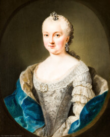 Schloss und Schlossgarten Schwetzingen - Schloss - Mittelbau - Von innen - 1. Obergeschoss - Dienerschaftsräume / Degagements - Kammerdienerinnen-Zimmer - Südwand, rechts des Fensters - Porträt der Carolina Gräfin von Velbruck, Hofdame der Kurfürstin Elisabeth Auguste; Halbbildnis, ohne Hände, in gemaltem Oval (Maler: Johann Georg Ziesenis der Jüngere (1716-1776), Datierung: um 1745-1750; Öl/Leinwand, Höhe x Breite 45,4 x 37,5 cm; Rückseite später beschriftet: "Nro. 22 / Carolina, Gräffin von Velbruck, / Hof / dame 1759."; Inv.-Nr. G 3846) (aufgenommen im Februar 2024, am Nachmittag)