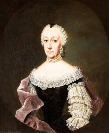 Schloss und Schlossgarten Schwetzingen - Schloss - Mittelbau - Von innen - 1. Obergeschoss - Dienerschaftsräume / Degagements - Kammerdienerinnen-Zimmer - Südwand, rechts des Fensters - Porträt der Marianne von Dahlberg, Obristhofmeisterin der Kurfürstin Elisabeth Auguste, in Witwenkleidung; Halbbildnis, ohne Hände, in gemaltem Oval (Maler: Johann Georg Ziesenis der Jüngere (1716-1776), Datierung: um 1745-1750; Öl/Leinwand, Höhe x Breite 45 x 37,5 cm; Rückseite später beschriftet: "Nro. 1. / Marianne frey frau von Dalberg / gebohrne von greiffenclau, / Obrist hoffmeisterin, 1743."; Inv.-Nr. G 3828) (aufgenommen im Februar 2024, am frühen Nachmittag) Schloss und Schlossgarten Schwetzingen - Schloss - Mittelbau - Von innen - 1. Obergeschoss - Dienerschaftsräume / Degagements - Kammerdienerinnen-Zimmer - Südwand, rechts des Fensters - Porträt der Marianne von Dahlberg, Obristhofmeisterin der Kurfürstin Elisabeth Auguste, in Witwenkleidung; Halbbildnis, ohne Hände, in gemaltem Oval (Maler: Johann Georg Ziesenis der Jüngere (1716-1776), Datierung: um 1745-1750; Öl/Leinwand, Höhe x Breite 45 x 37,5 cm; Rückseite später beschriftet: "Nro. 1. / Marianne frey frau von Dalberg / gebohrne von greiffenclau, / Obrist hoffmeisterin, 1743."; Inv.-Nr. G 3828) (aufgenommen im Februar 2024, am frühen Nachmittag)