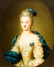 Schloss und Schlossgarten Schwetzingen - Schloss - Mittelbau - Von innen - 1. Obergeschoss - Dienerschaftsräume / Degagements - Kammerdienerinnen-Zimmer - Südwand, rechts des Fensters - Porträt einer Hofdame der Kurfürstin Elisabeth Auguste; Halbbildnis, ohne Hände, in gemaltem Oval (Maler und Datierung: unklar) (aufgenommen im Februar 2024, am Nachmittag) Schloss und Schlossgarten Schwetzingen - Schloss - Mittelbau - Von innen - 1. Obergeschoss - Dienerschaftsräume / Degagements - Kammerdienerinnen-Zimmer - Südwand, rechts des Fensters - Porträt einer Hofdame der Kurfürstin Elisabeth Auguste; Halbbildnis, ohne Hände, in gemaltem Oval (Maler und Datierung: unklar) (aufgenommen im Februar 2024, am Nachmittag)