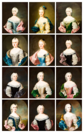 Schloss und Schlossgarten Schwetzingen - Schloss - Mittelbau - Von innen - 1. Obergeschoss - Dienerschaftsräume / Degagements - Kammerdienerinnen-Zimmer - Südwand, rechts des Fensters - Zwölf Porträts von Hofdamen der Kurfürstin Elisabeth Auguste; v.l.n.r./v.o.n.u.: Rosa Gräfin von Merode, unbekannt, Amoena von Sturmfeder, Carolina Gräfin von Velbruck, unbekannt, Marianne von Dahlberg, Caroline von Vöhlin, Leopoldine von Ketschau, Wilhelmina von Hacke, Marianne Gräfin von Auersberg, Petronella Gräfin von Hoensbroeck, Louisa von Loe (Maler: teilweise Johann Georg Ziesenis der Jüngere (1716-1776), Datierung: teilweise um 1745-1750; Öl/Leinwand; Rückseite teilweise später beschriftet) (aufgenommen im Februar 2024) Schloss und Schlossgarten Schwetzingen - Schloss - Mittelbau - Von innen - 1. Obergeschoss - Dienerschaftsräume / Degagements - Kammerdienerinnen-Zimmer - Südwand, rechts des Fensters - Zwölf Porträts von Hofdamen der Kurfürstin Elisabeth Auguste; v.l.n.r./v.o.n.u.: Rosa Gräfin von Merode, unbekannt, Amoena von Sturmfeder, Carolina Gräfin von Velbruck, unbekannt, Marianne von Dahlberg, Caroline von Vöhlin, Leopoldine von Ketschau, Wilhelmina von Hacke, Marianne Gräfin von Auersberg, Petronella Gräfin von Hoensbroeck, Louisa von Loe (Maler: teilweise Johann Georg Ziesenis der Jüngere (1716-1776), Datierung: teilweise um 1745-1750; Öl/Leinwand; Rückseite teilweise später beschriftet) (aufgenommen im Februar 2024)