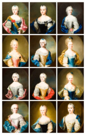 Schloss und Schlossgarten Schwetzingen - Schloss - Mittelbau - Von innen - 1. Obergeschoss - Dienerschaftsräume / Degagements - Kammerdienerinnen-Zimmer - Westwand, links der Tür zum Schlafzimmer - Zwölf Porträts von Hofdamen der Kurfürstin Elisabeth Auguste; v.l.n.r./v.o.n.u.: Marianne von Hacke, Leopoldina Gräfin von Thurn und Taxis, Louisa von der Osten, unbekannt, Walburga von Hacke, unbekannt, Louisa von Beveren, Clara Gräfin von Groesbeck, unbekannt, Sophia von Dalberg, unbekannt, Elisabeth von Baden (Maler: teilweise Johann Georg Ziesenis der Jüngere (1716-1776), Datierung: teilweise um 1745-1750; Öl/Leinwand; Rückseite teilweise später beschriftet) (aufgenommen im Februar 2024) Schloss und Schlossgarten Schwetzingen - Schloss - Mittelbau - Von innen - 1. Obergeschoss - Dienerschaftsräume / Degagements - Kammerdienerinnen-Zimmer - Westwand, links der Tür zum Schlafzimmer - Zwölf Porträts von Hofdamen der Kurfürstin Elisabeth Auguste; v.l.n.r./v.o.n.u.: Marianne von Hacke, Leopoldina Gräfin von Thurn und Taxis, Louisa von der Osten, unbekannt, Walburga von Hacke, unbekannt, Louisa von Beveren, Clara Gräfin von Groesbeck, unbekannt, Sophia von Dalberg, unbekannt, Elisabeth von Baden (Maler: teilweise Johann Georg Ziesenis der Jüngere (1716-1776), Datierung: teilweise um 1745-1750; Öl/Leinwand; Rückseite teilweise später beschriftet) (aufgenommen im Februar 2024)