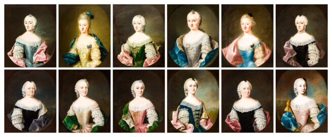 Schloss und Schlossgarten Schwetzingen - Schloss - Mittelbau - Von innen - 1. Obergeschoss - Dienerschaftsräume / Degagements - Kammerdienerinnen-Zimmer - Südwand, rechts des Fensters - Zwölf Porträts von Hofdamen der Kurfürstin Elisabeth Auguste; v.l.n.r./v.o.n.u.: Rosa Gräfin von Merode, unbekannt, Amoena von Sturmfeder, Carolina Gräfin von Velbruck, unbekannt, Marianne von Dahlberg, Caroline von Vöhlin, Leopoldine von Ketschau, Wilhelmina von Hacke, Marianne Gräfin von Auersberg, Petronella Gräfin von Hoensbroeck, Louisa von Loe (Maler: teilweise Johann Georg Ziesenis der Jüngere (1716-1776), Datierung: teilweise um 1745-1750; Öl/Leinwand; Rückseite teilweise später beschriftet) (aufgenommen im Februar 2024) Schloss und Schlossgarten Schwetzingen - Schloss - Mittelbau - Von innen - 1. Obergeschoss - Dienerschaftsräume / Degagements - Kammerdienerinnen-Zimmer - Südwand, rechts des Fensters - Zwölf Porträts von Hofdamen der Kurfürstin Elisabeth Auguste; v.l.n.r./v.o.n.u.: Rosa Gräfin von Merode, unbekannt, Amoena von Sturmfeder, Carolina Gräfin von Velbruck, unbekannt, Marianne von Dahlberg, Caroline von Vöhlin, Leopoldine von Ketschau, Wilhelmina von Hacke, Marianne Gräfin von Auersberg, Petronella Gräfin von Hoensbroeck, Louisa von Loe (Maler: teilweise Johann Georg Ziesenis der Jüngere (1716-1776), Datierung: teilweise um 1745-1750; Öl/Leinwand; Rückseite teilweise später beschriftet) (aufgenommen im Februar 2024)