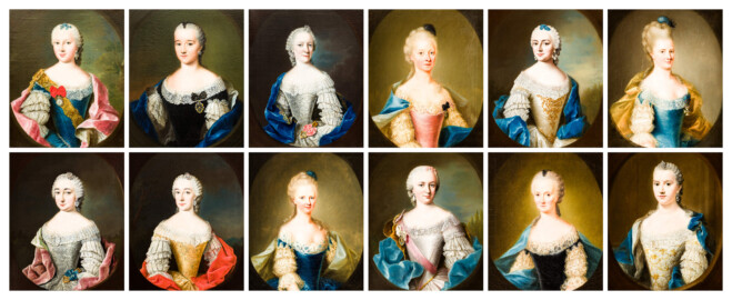 Schloss und Schlossgarten Schwetzingen - Schloss - Mittelbau - Von innen - 1. Obergeschoss - Dienerschaftsräume / Degagements - Kammerdienerinnen-Zimmer - Westwand, links der Tür zum Schlafzimmer - Zwölf Porträts von Hofdamen der Kurfürstin Elisabeth Auguste; v.l.n.r./v.o.n.u.: Marianne von Hacke, Leopoldina Gräfin von Thurn und Taxis, Louisa von der Osten, unbekannt, Walburga von Hacke, unbekannt, Louisa von Beveren, Clara Gräfin von Groesbeck, unbekannt, Sophia von Dalberg, unbekannt, Elisabeth von Baden (Maler: teilweise Johann Georg Ziesenis der Jüngere (1716-1776), Datierung: teilweise um 1745-1750; Öl/Leinwand; Rückseite teilweise später beschriftet) (aufgenommen im Februar 2024) Schloss und Schlossgarten Schwetzingen - Schloss - Mittelbau - Von innen - 1. Obergeschoss - Dienerschaftsräume / Degagements - Kammerdienerinnen-Zimmer - Westwand, links der Tür zum Schlafzimmer - Zwölf Porträts von Hofdamen der Kurfürstin Elisabeth Auguste; v.l.n.r./v.o.n.u.: Marianne von Hacke, Leopoldina Gräfin von Thurn und Taxis, Louisa von der Osten, unbekannt, Walburga von Hacke, unbekannt, Louisa von Beveren, Clara Gräfin von Groesbeck, unbekannt, Sophia von Dalberg, unbekannt, Elisabeth von Baden (Maler: teilweise Johann Georg Ziesenis der Jüngere (1716-1776), Datierung: teilweise um 1745-1750; Öl/Leinwand; Rückseite teilweise später beschriftet) (aufgenommen im Februar 2024)