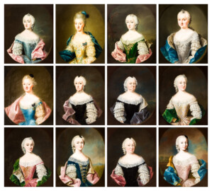 Schloss und Schlossgarten Schwetzingen - Schloss - Mittelbau - Von innen - 1. Obergeschoss - Dienerschaftsräume / Degagements - Kammerdienerinnen-Zimmer - Südwand, rechts des Fensters - Zwölf Porträts von Hofdamen der Kurfürstin Elisabeth Auguste; v.l.n.r./v.o.n.u.: Rosa Gräfin von Merode, unbekannt, Amoena von Sturmfeder, Carolina Gräfin von Velbruck, unbekannt, Marianne von Dahlberg, Caroline von Vöhlin, Leopoldine von Ketschau, Wilhelmina von Hacke, Marianne Gräfin von Auersberg, Petronella Gräfin von Hoensbroeck, Louisa von Loe (Maler: teilweise Johann Georg Ziesenis der Jüngere (1716-1776), Datierung: teilweise um 1745-1750; Öl/Leinwand; Rückseite teilweise später beschriftet) (aufgenommen im Februar 2024) Schloss und Schlossgarten Schwetzingen - Schloss - Mittelbau - Von innen - 1. Obergeschoss - Dienerschaftsräume / Degagements - Kammerdienerinnen-Zimmer - Südwand, rechts des Fensters - Zwölf Porträts von Hofdamen der Kurfürstin Elisabeth Auguste; v.l.n.r./v.o.n.u.: Rosa Gräfin von Merode, unbekannt, Amoena von Sturmfeder, Carolina Gräfin von Velbruck, unbekannt, Marianne von Dahlberg, Caroline von Vöhlin, Leopoldine von Ketschau, Wilhelmina von Hacke, Marianne Gräfin von Auersberg, Petronella Gräfin von Hoensbroeck, Louisa von Loe (Maler: teilweise Johann Georg Ziesenis der Jüngere (1716-1776), Datierung: teilweise um 1745-1750; Öl/Leinwand; Rückseite teilweise später beschriftet) (aufgenommen im Februar 2024)