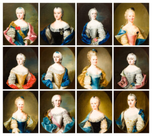 Schloss und Schlossgarten Schwetzingen - Schloss - Mittelbau - Von innen - 1. Obergeschoss - Dienerschaftsräume / Degagements - Kammerdienerinnen-Zimmer - Westwand, links der Tür zum Schlafzimmer - Zwölf Porträts von Hofdamen der Kurfürstin Elisabeth Auguste; v.l.n.r./v.o.n.u.: Marianne von Hacke, Leopoldina Gräfin von Thurn und Taxis, Louisa von der Osten, unbekannt, Walburga von Hacke, unbekannt, Louisa von Beveren, Clara Gräfin von Groesbeck, unbekannt, Sophia von Dalberg, unbekannt, Elisabeth von Baden (Maler: teilweise Johann Georg Ziesenis der Jüngere (1716-1776), Datierung: teilweise um 1745-1750; Öl/Leinwand; Rückseite teilweise später beschriftet) (aufgenommen im Februar 2024) Schloss und Schlossgarten Schwetzingen - Schloss - Mittelbau - Von innen - 1. Obergeschoss - Dienerschaftsräume / Degagements - Kammerdienerinnen-Zimmer - Westwand, links der Tür zum Schlafzimmer - Zwölf Porträts von Hofdamen der Kurfürstin Elisabeth Auguste; v.l.n.r./v.o.n.u.: Marianne von Hacke, Leopoldina Gräfin von Thurn und Taxis, Louisa von der Osten, unbekannt, Walburga von Hacke, unbekannt, Louisa von Beveren, Clara Gräfin von Groesbeck, unbekannt, Sophia von Dalberg, unbekannt, Elisabeth von Baden (Maler: teilweise Johann Georg Ziesenis der Jüngere (1716-1776), Datierung: teilweise um 1745-1750; Öl/Leinwand; Rückseite teilweise später beschriftet) (aufgenommen im Februar 2024)