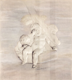 Schloss und Schlossgarten Schwetzingen - Schloss - Mittelbau - Von innen - 1. Obergeschoss - Dienerschaftsräume / Degagements - Kammerdienerinnen-Zimmer - Ostwand, oberhalb des Durchgangs zum Grünen Vorzimmer - Kopie einer Supraporte in Grisaille-Manier mit schläfrigen Putti (Kopist: unbekannt, Maler: Franz Anton Leitenstorffer (1721-1795), Datierung: unbekannt) (aufgenommen im Februar 2024, am späten Vormittag) Schloss und Schlossgarten Schwetzingen - Schloss - Mittelbau - Von innen - 1. Obergeschoss - Dienerschaftsräume / Degagements - Kammerdienerinnen-Zimmer - Ostwand, oberhalb des Durchgangs zum Grünen Vorzimmer - Kopie einer Supraporte in Grisaille-Manier mit schläfrigen Putti (Kopist: unbekannt, Maler: Franz Anton Leitenstorffer (1721-1795), Datierung: unbekannt) (aufgenommen im Februar 2024, am späten Vormittag)