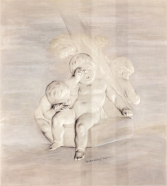 Schloss und Schlossgarten Schwetzingen - Schloss - Mittelbau - Von innen - 1. Obergeschoss - Dienerschaftsräume / Degagements - Kammerdienerinnen-Zimmer - Ostwand, oberhalb des Durchgangs zum Grünen Vorzimmer - Kopie einer Supraporte in Grisaille-Manier mit schläfrigen Putti (Kopist: unbekannt, Maler: Franz Anton Leitenstorffer (1721-1795), Datierung: unbekannt) (aufgenommen im Februar 2024, am späten Vormittag) Schloss und Schlossgarten Schwetzingen - Schloss - Mittelbau - Von innen - 1. Obergeschoss - Dienerschaftsräume / Degagements - Kammerdienerinnen-Zimmer - Ostwand, oberhalb des Durchgangs zum Grünen Vorzimmer - Kopie einer Supraporte in Grisaille-Manier mit schläfrigen Putti (Kopist: unbekannt, Maler: Franz Anton Leitenstorffer (1721-1795), Datierung: unbekannt) (aufgenommen im Februar 2024, am späten Vormittag)