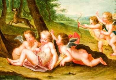 Schloss und Schlossgarten Schwetzingen - Schloss - Mittelbau - Von innen - 1. Obergeschoss - Credenzzimmer - Südwand, über dem Kamin - Ausschnitt aus dem Gemälde: Putti in einer Waldlandschaft (Maler: Franz Anton Leitenstorffer (1721-1795); Datierung: 1780) (aufgenommen im Februar 2024, um die Mittagszeit)