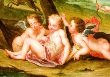 Schloss und Schlossgarten Schwetzingen - Schloss - Mittelbau - Von innen - 1. Obergeschoss - Credenzzimmer - Südwand, über dem Kamin - Ausschnitt aus dem Gemälde: Putti in einer Waldlandschaft (Maler: Franz Anton Leitenstorffer (1721-1795); Datierung: 1780) (aufgenommen im Februar 2024, um die Mittagszeit)