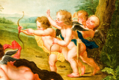 Schloss und Schlossgarten Schwetzingen - Schloss - Mittelbau - Von innen - 1. Obergeschoss - Credenzzimmer - Südwand, über dem Kamin - Ausschnitt aus dem Gemälde: Putti in einer Waldlandschaft (Maler: Franz Anton Leitenstorffer (1721-1795); Datierung: 1780) (aufgenommen im Februar 2024, um die Mittagszeit)
