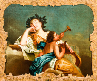 Schloss und Schlossgarten Schwetzingen - Schloss - Mittelbau - Von innen - 1. Obergeschoss - Appartment der Kurfürstin - Kabinett - Nordwestecke, über dem Kamin - Gemälde: Allegorie der Musik (Maler: Ferdinand Kobell (1740-1799)) (aufgenommen im Februar 2024, am Nachmittag)