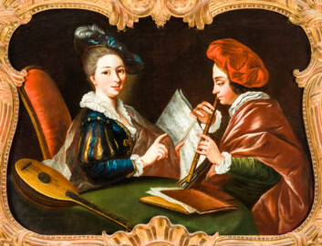 Schloss und Schlossgarten Schwetzingen - Schloss - Mittelbau - Von innen - 1. Obergeschoss - Degagements - Bibliothek - Westwand, Mitte, über dem Kamin - Gemälde: Musizierendes Paar (Maler: Ferdinand Kobell (1740-1799)) (aufgenommen im Februar 2024, am Nachmittag)