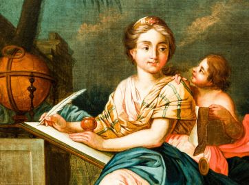 Schloss und Schlossgarten Schwetzingen - Schloss - Mittelbau - Von innen - 1. Obergeschoss - Appartment der Kurfürstin - Kabinett - Südwestecke, über dem Kamin - Gemälde: Allegorie der Geometrie (Maler: Ferdinand Kobell (1740-1799)) (aufgenommen im Februar 2024, am Nachmittag) Schloss und Schlossgarten Schwetzingen - Schloss - Mittelbau - Von innen - 1. Obergeschoss - Appartment der Kurfürstin - Kabinett - Südwestecke, über dem Kamin - Gemälde: Allegorie der Geometrie (Maler: Ferdinand Kobell (1740-1799)) (aufgenommen im Februar 2024, am Nachmittag)