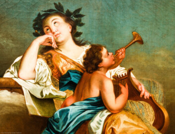 Schloss und Schlossgarten Schwetzingen - Schloss - Mittelbau - Von innen - 1. Obergeschoss - Appartment der Kurfürstin - Kabinett - Nordwestecke, über dem Kamin - Gemälde: Allegorie der Musik (Maler: Ferdinand Kobell (1740-1799)) (aufgenommen im Februar 2024, am Nachmittag)