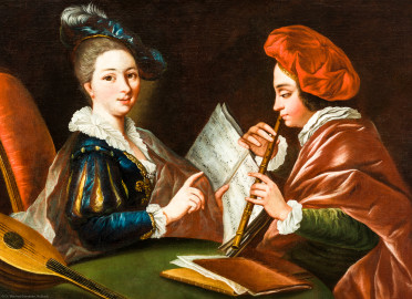 Schloss und Schlossgarten Schwetzingen - Schloss - Mittelbau - Von innen - 1. Obergeschoss - Degagements - Bibliothek - Westwand, Mitte, über dem Kamin - Ausschnitt aus dem Gemälde: Musizierendes Paar (Maler: Ferdinand Kobell (1740-1799)) (aufgenommen im Februar 2024, am Nachmittag) Schloss und Schlossgarten Schwetzingen - Schloss - Mittelbau - Von innen - 1. Obergeschoss - Degagements - Bibliothek - Westwand, Mitte, über dem Kamin - Ausschnitt aus dem Gemälde: Musizierendes Paar (Maler: Ferdinand Kobell (1740-1799)) (aufgenommen im Februar 2024, am Nachmittag)