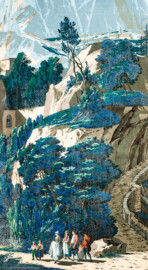 Schloss und Schlossgarten Schwetzingen - Schloss - Mittelbau - Von innen - 2. Obergeschoss - Schweizerzimmer / Compagniezimmer der Reichsgräfin von Hochberg - Westwand, links der Tür zum Audienzzimmer - Ausschnitt aus einer Bahn der Zuber-Panorama-Papiertapete „Les vues de Suisse“ (Entwurfszeichner: Pierre-Antoine Mongin (1761-1827); Druckerei: Zuber, Rixheim, Frankreich; Datierung: 1804; gesamte Tapete: 10,7 Meter x 3,9 Meter, 16 Bahnen, 1024 Holzdruckstöcke, 95 Farben; Konservierung/Restaurierung: zwischen 1988 und 1991) (aufgenommen im Februar 2024, um die Mittagszeit) Schloss und Schlossgarten Schwetzingen - Schloss - Mittelbau - Von innen - 2. Obergeschoss - Schweizerzimmer / Compagniezimmer der Reichsgräfin von Hochberg - Westwand, links der Tür zum Audienzzimmer - Ausschnitt aus einer Bahn der Zuber-Panorama-Papiertapete „Les vues de Suisse“ (Entwurfszeichner: Pierre-Antoine Mongin (1761-1827); Druckerei: Zuber, Rixheim, Frankreich; Datierung: 1804; gesamte Tapete: 10,7 Meter x 3,9 Meter, 16 Bahnen, 1024 Holzdruckstöcke, 95 Farben; Konservierung/Restaurierung: zwischen 1988 und 1991) (aufgenommen im Februar 2024, um die Mittagszeit)