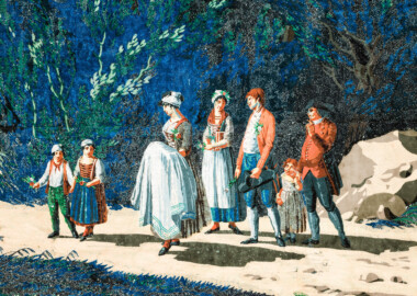 Schloss und Schlossgarten Schwetzingen - Schloss - Mittelbau - Von innen - 2. Obergeschoss - Schweizerzimmer / Compagniezimmer der Reichsgräfin von Hochberg - Westwand, links der Tür zum Audienzzimmer - Ausschnitt aus einer Bahn der Zuber-Panorama-Papiertapete „Les vues de Suisse“ (Entwurfszeichner: Pierre-Antoine Mongin (1761-1827); Druckerei: Zuber, Rixheim, Frankreich; Datierung: 1804; gesamte Tapete: 10,7 Meter x 3,9 Meter, 16 Bahnen, 1024 Holzdruckstöcke, 95 Farben; Konservierung/Restaurierung: zwischen 1988 und 1991) (aufgenommen im Februar 2024, am frühen Nachmittag) Schloss und Schlossgarten Schwetzingen - Schloss - Mittelbau - Von innen - 2. Obergeschoss - Schweizerzimmer / Compagniezimmer der Reichsgräfin von Hochberg - Westwand, links der Tür zum Audienzzimmer - Ausschnitt aus einer Bahn der Zuber-Panorama-Papiertapete „Les vues de Suisse“ (Entwurfszeichner: Pierre-Antoine Mongin (1761-1827); Druckerei: Zuber, Rixheim, Frankreich; Datierung: 1804; gesamte Tapete: 10,7 Meter x 3,9 Meter, 16 Bahnen, 1024 Holzdruckstöcke, 95 Farben; Konservierung/Restaurierung: zwischen 1988 und 1991) (aufgenommen im Februar 2024, am frühen Nachmittag)