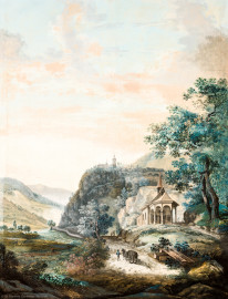 Schloss und Schlossgarten Schwetzingen - Schloss - Mittelbau - Von innen - 2. Obergeschoss - Schweizerzimmer / Compagniezimmer - Kaminschirm - Blatt bzw. Gemälde des Kaminschirms: Darstellung des Murgtals mit der Klingelkapelle (unterhalb Mitte, rechts) sowie der Ebersteinburg (Mitte) (Maler: vermutlich Carl Kuntz (1770-1830); Datierung: unbekannt; Aquarell auf Leinen oder Tempera auf Papier ?) (Kaminschirm: hergestellt wohl von der Hofschreinerei Karlsruhe, um 1804/1805, Kirschbaum auf Mahagoni, Höhe x Breite 135 cm x 88 cm, Inv.Nr. G 1144 ) (aufgenommen im Februar 2024, am frühen Nachmittag) Schloss und Schlossgarten Schwetzingen - Schloss - Mittelbau - Von innen - 2. Obergeschoss - Schweizerzimmer / Compagniezimmer - Kaminschirm - Blatt bzw. Gemälde des Kaminschirms: Darstellung des Murgtals mit der Klingelkapelle (unterhalb Mitte, rechts) sowie der Ebersteinburg (Mitte) (Maler: vermutlich Carl Kuntz (1770-1830); Datierung: unbekannt; Aquarell auf Leinen oder Tempera auf Papier ?) (Kaminschirm: hergestellt wohl von der Hofschreinerei Karlsruhe, um 1804/1805, Kirschbaum auf Mahagoni, Höhe x Breite 135 cm x 88 cm, Inv.Nr. G 1144 ) (aufgenommen im Februar 2024, am frühen Nachmittag)