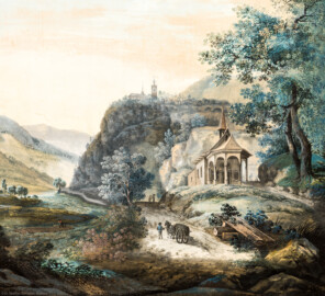 Schloss und Schlossgarten Schwetzingen - Schloss - Mittelbau - Von innen - 2. Obergeschoss - Schweizerzimmer / Compagniezimmer - Kaminschirm - Ausschnitt aus dem Blatt bzw. Gemälde des Kaminschirms: Darstellung des Murgtals mit der Klingelkapelle (unterhalb Mitte,  rechts) sowie der Ebersteinburg (Mitte) (Maler: vermutlich Carl Kuntz (1770-1830); Datierung: unbekannt; Aquarell auf Leinen oder Tempera auf Papier ?) (Kaminschirm: hergestellt wohl von der Hofschreinerei Karlsruhe, um 1804/1805, Kirschbaum auf Mahagoni, Höhe x Breite 135 cm x 88 cm, Inv.Nr. G 1144 ) (aufgenommen im Februar 2024, am frühen Nachmittag)