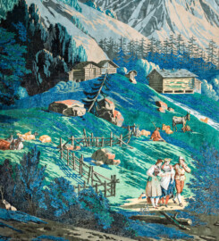 Schloss und Schlossgarten Schwetzingen - Schloss - Mittelbau - Von innen - 2. Obergeschoss - Schweizerzimmer / Compagniezimmer der Reichsgräfin von Hochberg - Ostwand, rechts der Tür zum Gelben Saal - Ausschnitt aus der Zuber-Panorama-Papiertapete „Les vues de Suisse“ (Entwurfszeichner: Pierre-Antoine Mongin (1761-1827); Druckerei: Zuber, Rixheim, Frankreich; Datierung: 1804; gesamte Tapete: 10,7 Meter x 3,9 Meter, 16 Bahnen, 1024 Holzdruckstöcke, 95 Farben; Konservierung/Restaurierung: zwischen 1988 und 1991) (aufgenommen im Februar 2024, am Nachmittag) Schloss und Schlossgarten Schwetzingen - Schloss - Mittelbau - Von innen - 2. Obergeschoss - Schweizerzimmer / Compagniezimmer der Reichsgräfin von Hochberg - Ostwand, rechts der Tür zum Gelben Saal - Ausschnitt aus der Zuber-Panorama-Papiertapete „Les vues de Suisse“ (Entwurfszeichner: Pierre-Antoine Mongin (1761-1827); Druckerei: Zuber, Rixheim, Frankreich; Datierung: 1804; gesamte Tapete: 10,7 Meter x 3,9 Meter, 16 Bahnen, 1024 Holzdruckstöcke, 95 Farben; Konservierung/Restaurierung: zwischen 1988 und 1991) (aufgenommen im Februar 2024, am Nachmittag)