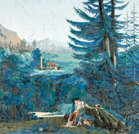 Schloss und Schlossgarten Schwetzingen - Schloss - Mittelbau - Von innen - 2. Obergeschoss - Schweizerzimmer / Compagniezimmer der Reichsgräfin von Hochberg - Ostwand, rechts der Tür zum Gelben Saal - Ausschnitt aus der Zuber-Panorama-Papiertapete „Les vues de Suisse“ (Entwurfszeichner: Pierre-Antoine Mongin (1761-1827); Druckerei: Zuber, Rixheim, Frankreich; Datierung: 1804; gesamte Tapete: 10,7 Meter x 3,9 Meter, 16 Bahnen, 1024 Holzdruckstöcke, 95 Farben; Konservierung/Restaurierung: zwischen 1988 und 1991) (aufgenommen im Februar 2024, am Nachmittag) Schloss und Schlossgarten Schwetzingen - Schloss - Mittelbau - Von innen - 2. Obergeschoss - Schweizerzimmer / Compagniezimmer der Reichsgräfin von Hochberg - Ostwand, rechts der Tür zum Gelben Saal - Ausschnitt aus der Zuber-Panorama-Papiertapete „Les vues de Suisse“ (Entwurfszeichner: Pierre-Antoine Mongin (1761-1827); Druckerei: Zuber, Rixheim, Frankreich; Datierung: 1804; gesamte Tapete: 10,7 Meter x 3,9 Meter, 16 Bahnen, 1024 Holzdruckstöcke, 95 Farben; Konservierung/Restaurierung: zwischen 1988 und 1991) (aufgenommen im Februar 2024, am Nachmittag)