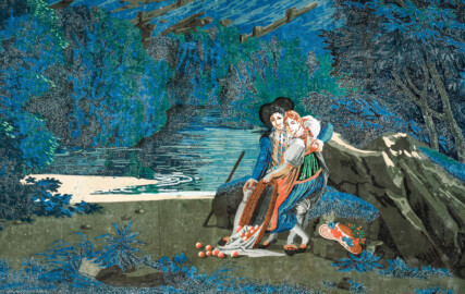 Schloss und Schlossgarten Schwetzingen - Schloss - Mittelbau - Von innen - 2. Obergeschoss - Schweizerzimmer / Compagniezimmer der Reichsgräfin von Hochberg - Ostwand, rechts der Tür zum Gelben Saal - Ausschnitt aus der Zuber-Panorama-Papiertapete „Les vues de Suisse“ (Entwurfszeichner: Pierre-Antoine Mongin (1761-1827); Druckerei: Zuber, Rixheim, Frankreich; Datierung: 1804; gesamte Tapete: 10,7 Meter x 3,9 Meter, 16 Bahnen, 1024 Holzdruckstöcke, 95 Farben; Konservierung/Restaurierung: zwischen 1988 und 1991) (aufgenommen im Februar 2024, am Nachmittag) Schloss und Schlossgarten Schwetzingen - Schloss - Mittelbau - Von innen - 2. Obergeschoss - Schweizerzimmer / Compagniezimmer der Reichsgräfin von Hochberg - Ostwand, rechts der Tür zum Gelben Saal - Ausschnitt aus der Zuber-Panorama-Papiertapete „Les vues de Suisse“ (Entwurfszeichner: Pierre-Antoine Mongin (1761-1827); Druckerei: Zuber, Rixheim, Frankreich; Datierung: 1804; gesamte Tapete: 10,7 Meter x 3,9 Meter, 16 Bahnen, 1024 Holzdruckstöcke, 95 Farben; Konservierung/Restaurierung: zwischen 1988 und 1991) (aufgenommen im Februar 2024, am Nachmittag)