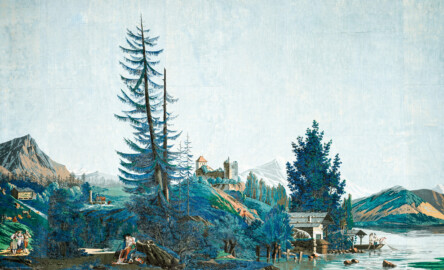 Schloss und Schlossgarten Schwetzingen - Schloss - Mittelbau - Von innen - 2. Obergeschoss - Schweizerzimmer / Compagniezimmer der Reichsgräfin von Hochberg - Ostwand, rechts der Tür zum Gelben Saal - Ausschnitt aus der Zuber-Panorama-Papiertapete „Les vues de Suisse“ (Entwurfszeichner: Pierre-Antoine Mongin (1761-1827); Druckerei: Zuber, Rixheim, Frankreich; Datierung: 1804; gesamte Tapete: 10,7 Meter x 3,9 Meter, 16 Bahnen, 1024 Holzdruckstöcke, 95 Farben; Konservierung/Restaurierung: zwischen 1988 und 1991) (aufgenommen im Februar 2024, am Nachmittag)