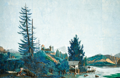 Schloss und Schlossgarten Schwetzingen - Schloss - Mittelbau - Von innen - 2. Obergeschoss - Schweizerzimmer / Compagniezimmer der Reichsgräfin von Hochberg - Ostwand, rechts der Tür zum Gelben Saal - Ausschnitt aus der Zuber-Panorama-Papiertapete „Les vues de Suisse“ (Entwurfszeichner: Pierre-Antoine Mongin (1761-1827); Druckerei: Zuber, Rixheim, Frankreich; Datierung: 1804; gesamte Tapete: 10,7 Meter x 3,9 Meter, 16 Bahnen, 1024 Holzdruckstöcke, 95 Farben; Konservierung/Restaurierung: zwischen 1988 und 1991) (aufgenommen im Februar 2024, am Nachmittag) Schloss und Schlossgarten Schwetzingen - Schloss - Mittelbau - Von innen - 2. Obergeschoss - Schweizerzimmer / Compagniezimmer der Reichsgräfin von Hochberg - Ostwand, rechts der Tür zum Gelben Saal - Ausschnitt aus der Zuber-Panorama-Papiertapete „Les vues de Suisse“ (Entwurfszeichner: Pierre-Antoine Mongin (1761-1827); Druckerei: Zuber, Rixheim, Frankreich; Datierung: 1804; gesamte Tapete: 10,7 Meter x 3,9 Meter, 16 Bahnen, 1024 Holzdruckstöcke, 95 Farben; Konservierung/Restaurierung: zwischen 1988 und 1991) (aufgenommen im Februar 2024, am Nachmittag)