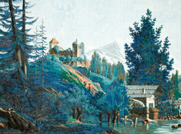 Schloss und Schlossgarten Schwetzingen - Schloss - Mittelbau - Von innen - 2. Obergeschoss - Schweizerzimmer / Compagniezimmer der Reichsgräfin von Hochberg - Ostwand, rechts der Tür zum Gelben Saal - Ausschnitt aus der Zuber-Panorama-Papiertapete „Les vues de Suisse“ (Entwurfszeichner: Pierre-Antoine Mongin (1761-1827); Druckerei: Zuber, Rixheim, Frankreich; Datierung: 1804; gesamte Tapete: 10,7 Meter x 3,9 Meter, 16 Bahnen, 1024 Holzdruckstöcke, 95 Farben; Konservierung/Restaurierung: zwischen 1988 und 1991) (aufgenommen im Februar 2024, am Nachmittag)