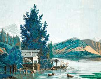 Schloss und Schlossgarten Schwetzingen - Schloss - Mittelbau - Von innen - 2. Obergeschoss - Schweizerzimmer / Compagniezimmer der Reichsgräfin von Hochberg - Ostwand, rechts der Tür zum Gelben Saal - Ausschnitt aus der Zuber-Panorama-Papiertapete „Les vues de Suisse“ (Entwurfszeichner: Pierre-Antoine Mongin (1761-1827); Druckerei: Zuber, Rixheim, Frankreich; Datierung: 1804; gesamte Tapete: 10,7 Meter x 3,9 Meter, 16 Bahnen, 1024 Holzdruckstöcke, 95 Farben; Konservierung/Restaurierung: zwischen 1988 und 1991) (aufgenommen im Februar 2024, am Nachmittag) Schloss und Schlossgarten Schwetzingen - Schloss - Mittelbau - Von innen - 2. Obergeschoss - Schweizerzimmer / Compagniezimmer der Reichsgräfin von Hochberg - Ostwand, rechts der Tür zum Gelben Saal - Ausschnitt aus der Zuber-Panorama-Papiertapete „Les vues de Suisse“ (Entwurfszeichner: Pierre-Antoine Mongin (1761-1827); Druckerei: Zuber, Rixheim, Frankreich; Datierung: 1804; gesamte Tapete: 10,7 Meter x 3,9 Meter, 16 Bahnen, 1024 Holzdruckstöcke, 95 Farben; Konservierung/Restaurierung: zwischen 1988 und 1991) (aufgenommen im Februar 2024, am Nachmittag)