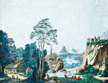 Schloss und Schlossgarten Schwetzingen - Schloss - Mittelbau - Von innen - 2. Obergeschoss - Schweizerzimmer / Compagniezimmer der Reichsgräfin von Hochberg - Südwand - Teil der rechten Seite (ca. 4 von 16 Bahnen) der Zuber-Panorama-Papiertapete „Les vues de Suisse“ mit Schweizer Alpenlandschaften (Entwurfszeichner: Pierre-Antoine Mongin (1761-1827); Druckerei: Zuber, Rixheim, Frankreich; Datierung: 1804; Bahnen der Ostwand (linke Tapetenseite) und der Nordwand (rechte Tapetenseite) ergeben die gesamte Tapete; Süd- und Westwand zeigen Wiederholungen einiger Bahnen der Ost- und Nordwand; gesamte Tapete: 10,7 Meter x 3,9 Meter, 16 Bahnen, 1024 Holzdruckstöcke, 95 Farben; Konservierung/Restaurierung: zwischen 1988 und 1991) (aufgenommen im Februar 2024, um die Mittagszeit)
