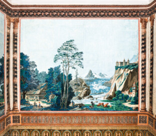 Schloss und Schlossgarten Schwetzingen - Schloss - Mittelbau - Von innen - 2. Obergeschoss - Schweizerzimmer / Compagniezimmer der Reichsgräfin von Hochberg - Südwand - Teil der rechten Seite (ca. 4 von 16 Bahnen) der Zuber-Panorama-Papiertapete „Les vues de Suisse“ mit Schweizer Alpenlandschaften (Entwurfszeichner: Pierre-Antoine Mongin (1761-1827); Druckerei: Zuber, Rixheim, Frankreich; Datierung: 1804; Bahnen der Ostwand (linke Tapetenseite) und der Nordwand (rechte Tapetenseite) ergeben die gesamte Tapete; Süd- und Westwand zeigen Wiederholungen einiger Bahnen der Ost- und Nordwand; gesamte Tapete: 10,7 Meter x 3,9 Meter, 16 Bahnen, 1024 Holzdruckstöcke, 95 Farben; Konservierung/Restaurierung: zwischen 1988 und 1991) (aufgenommen im Februar 2024, um die Mittagszeit)