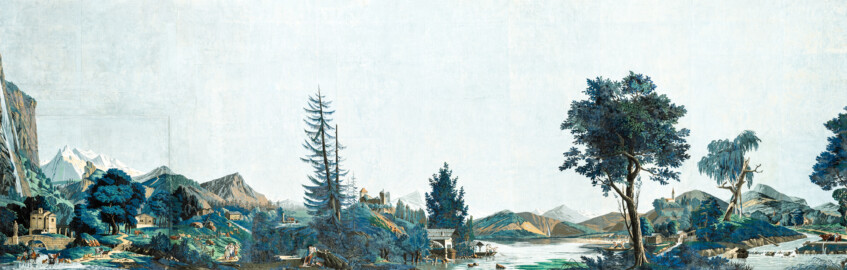 Schloss und Schlossgarten Schwetzingen - Schloss - Mittelbau - Von innen - 2. Obergeschoss - Schweizerzimmer / Compagniezimmer der Reichsgräfin von Hochberg - Ostwand - Linke Seite (knapp 10 von 16 Bahnen) der Zuber-Panorama-Papiertapete „Les vues de Suisse“ mit Schweizer Alpenlandschaften; links die unauffällige Tür zum Gelben Saal (Entwurfszeichner: Pierre-Antoine Mongin (1761-1827); Druckerei: Zuber, Rixheim, Frankreich; Datierung: 1804; Bahnen der Ostwand (linke Tapetenseite) und der Nordwand (rechte Tapetenseite) ergeben die gesamte Tapete; Süd- und Westwand zeigen Wiederholungen einiger Bahnen der Ost- und Nordwand; gesamte Tapete: 10,7 Meter x 3,9 Meter, 16 Bahnen, 1024 Holzdruckstöcke, 95 Farben; Konservierung/Restaurierung: zwischen 1988 und 1991) (aufgenommen im Februar 2024, am frühen Nachmittag)