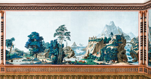 Schloss und Schlossgarten Schwetzingen - Schloss - Mittelbau - Von innen - 2. Obergeschoss - Schweizerzimmer / Compagniezimmer der Reichsgräfin von Hochberg - Nordwand - Rechte Seite (etwas mehr als 6 von 16 Bahnen, rechts und zusätzliche redundante Bahnen, links) der Zuber-Panorama-Papiertapete „Les vues de Suisse“ mit Schweizer Alpenlandschaften (Entwurfszeichner: Pierre-Antoine Mongin (1761-1827); Druckerei: Zuber, Rixheim, Frankreich; Datierung: 1804; Bahnen der Ostwand (linke Tapetenseite) und der Nordwand (rechte Tapetenseite) ergeben die gesamte Tapete; Süd- und Westwand zeigen Wiederholungen einiger Bahnen der Ost- und Nordwand; gesamte Tapete: 10,7 Meter x 3,9 Meter, 16 Bahnen, 1024 Holzdruckstöcke, 95 Farben; Konservierung/Restaurierung: zwischen 1988 und 1991) (aufgenommen im Februar 2024, am frühen Nachmittag) Schloss und Schlossgarten Schwetzingen - Schloss - Mittelbau - Von innen - 2. Obergeschoss - Schweizerzimmer / Compagniezimmer der Reichsgräfin von Hochberg - Nordwand - Rechte Seite (etwas mehr als 6 von 16 Bahnen, rechts und zusätzliche redundante Bahnen, links) der Zuber-Panorama-Papiertapete „Les vues de Suisse“ mit Schweizer Alpenlandschaften (Entwurfszeichner: Pierre-Antoine Mongin (1761-1827); Druckerei: Zuber, Rixheim, Frankreich; Datierung: 1804; Bahnen der Ostwand (linke Tapetenseite) und der Nordwand (rechte Tapetenseite) ergeben die gesamte Tapete; Süd- und Westwand zeigen Wiederholungen einiger Bahnen der Ost- und Nordwand; gesamte Tapete: 10,7 Meter x 3,9 Meter, 16 Bahnen, 1024 Holzdruckstöcke, 95 Farben; Konservierung/Restaurierung: zwischen 1988 und 1991) (aufgenommen im Februar 2024, am frühen Nachmittag)
