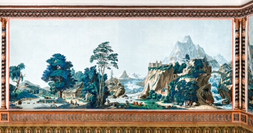 Schloss und Schlossgarten Schwetzingen - Schloss - Mittelbau - Von innen - 2. Obergeschoss - Schweizerzimmer / Compagniezimmer der Reichsgräfin von Hochberg - Nordwand - Rechte Seite (etwas mehr als 6 von 16 Bahnen, rechts und zusätzliche redundante Bahnen, links) der Zuber-Panorama-Papiertapete „Les vues de Suisse“ mit Schweizer Alpenlandschaften (Entwurfszeichner: Pierre-Antoine Mongin (1761-1827); Druckerei: Zuber, Rixheim, Frankreich; Datierung: 1804; Bahnen der Ostwand (linke Tapetenseite) und der Nordwand (rechte Tapetenseite) ergeben die gesamte Tapete; Süd- und Westwand zeigen Wiederholungen einiger Bahnen der Ost- und Nordwand; gesamte Tapete: 10,7 Meter x 3,9 Meter, 16 Bahnen, 1024 Holzdruckstöcke, 95 Farben; Konservierung/Restaurierung: zwischen 1988 und 1991) (aufgenommen im Februar 2024, am frühen Nachmittag) Schloss und Schlossgarten Schwetzingen - Schloss - Mittelbau - Von innen - 2. Obergeschoss - Schweizerzimmer / Compagniezimmer der Reichsgräfin von Hochberg - Nordwand - Rechte Seite (etwas mehr als 6 von 16 Bahnen, rechts und zusätzliche redundante Bahnen, links) der Zuber-Panorama-Papiertapete „Les vues de Suisse“ mit Schweizer Alpenlandschaften (Entwurfszeichner: Pierre-Antoine Mongin (1761-1827); Druckerei: Zuber, Rixheim, Frankreich; Datierung: 1804; Bahnen der Ostwand (linke Tapetenseite) und der Nordwand (rechte Tapetenseite) ergeben die gesamte Tapete; Süd- und Westwand zeigen Wiederholungen einiger Bahnen der Ost- und Nordwand; gesamte Tapete: 10,7 Meter x 3,9 Meter, 16 Bahnen, 1024 Holzdruckstöcke, 95 Farben; Konservierung/Restaurierung: zwischen 1988 und 1991) (aufgenommen im Februar 2024, am frühen Nachmittag)