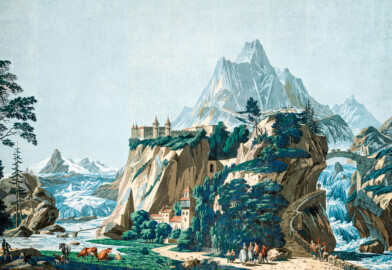 Schloss und Schlossgarten Schwetzingen - Schloss - Mittelbau - Von innen - 2. Obergeschoss - Schweizerzimmer / Compagniezimmer der Reichsgräfin von Hochberg - Nordwand, rechte Seite - Ausschnitt aus der Zuber-Panorama-Papiertapete „Les vues de Suisse“ (Entwurfszeichner: Pierre-Antoine Mongin (1761-1827); Druckerei: Zuber, Rixheim, Frankreich; Datierung: 1804; gesamte Tapete: 10,7 Meter x 3,9 Meter, 16 Bahnen, 1024 Holzdruckstöcke, 95 Farben; Konservierung/Restaurierung: zwischen 1988 und 1991) (aufgenommen im Februar 2024, am Nachmittag) Schloss und Schlossgarten Schwetzingen - Schloss - Mittelbau - Von innen - 2. Obergeschoss - Schweizerzimmer / Compagniezimmer der Reichsgräfin von Hochberg - Nordwand, rechte Seite - Ausschnitt aus der Zuber-Panorama-Papiertapete „Les vues de Suisse“ (Entwurfszeichner: Pierre-Antoine Mongin (1761-1827); Druckerei: Zuber, Rixheim, Frankreich; Datierung: 1804; gesamte Tapete: 10,7 Meter x 3,9 Meter, 16 Bahnen, 1024 Holzdruckstöcke, 95 Farben; Konservierung/Restaurierung: zwischen 1988 und 1991) (aufgenommen im Februar 2024, am Nachmittag)