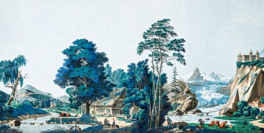 Schloss und Schlossgarten Schwetzingen - Schloss - Mittelbau - Von innen - 2. Obergeschoss - Schweizerzimmer / Compagniezimmer der Reichsgräfin von Hochberg - Nordwand, linke Seite - Ausschnitt aus der Zuber-Panorama-Papiertapete „Les vues de Suisse“ (Entwurfszeichner: Pierre-Antoine Mongin (1761-1827); Druckerei: Zuber, Rixheim, Frankreich; Datierung: 1804; gesamte Tapete: 10,7 Meter x 3,9 Meter, 16 Bahnen, 1024 Holzdruckstöcke, 95 Farben; Konservierung/Restaurierung: zwischen 1988 und 1991) (aufgenommen im Februar 2024, am Nachmittag) Schloss und Schlossgarten Schwetzingen - Schloss - Mittelbau - Von innen - 2. Obergeschoss - Schweizerzimmer / Compagniezimmer der Reichsgräfin von Hochberg - Nordwand, linke Seite - Ausschnitt aus der Zuber-Panorama-Papiertapete „Les vues de Suisse“ (Entwurfszeichner: Pierre-Antoine Mongin (1761-1827); Druckerei: Zuber, Rixheim, Frankreich; Datierung: 1804; gesamte Tapete: 10,7 Meter x 3,9 Meter, 16 Bahnen, 1024 Holzdruckstöcke, 95 Farben; Konservierung/Restaurierung: zwischen 1988 und 1991) (aufgenommen im Februar 2024, am Nachmittag)