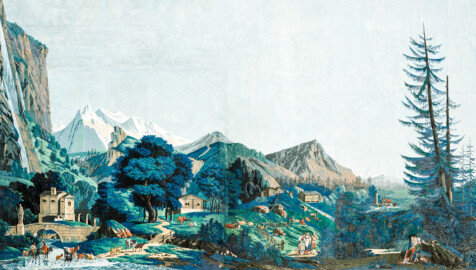 Schloss und Schlossgarten Schwetzingen - Schloss - Mittelbau - Von innen - 2. Obergeschoss - Schweizerzimmer / Compagniezimmer der Reichsgräfin von Hochberg - Ostwand, linke Seite - Ausschnitt aus der Zuber-Panorama-Papiertapete „Les vues de Suisse“ (Entwurfszeichner: Pierre-Antoine Mongin (1761-1827); Druckerei: Zuber, Rixheim, Frankreich; Datierung: 1804; gesamte Tapete: 10,7 Meter x 3,9 Meter, 16 Bahnen, 1024 Holzdruckstöcke, 95 Farben; Konservierung/Restaurierung: zwischen 1988 und 1991) (aufgenommen im Februar 2024, am Nachmittag) Schloss und Schlossgarten Schwetzingen - Schloss - Mittelbau - Von innen - 2. Obergeschoss - Schweizerzimmer / Compagniezimmer der Reichsgräfin von Hochberg - Ostwand, linke Seite - Ausschnitt aus der Zuber-Panorama-Papiertapete „Les vues de Suisse“ (Entwurfszeichner: Pierre-Antoine Mongin (1761-1827); Druckerei: Zuber, Rixheim, Frankreich; Datierung: 1804; gesamte Tapete: 10,7 Meter x 3,9 Meter, 16 Bahnen, 1024 Holzdruckstöcke, 95 Farben; Konservierung/Restaurierung: zwischen 1988 und 1991) (aufgenommen im Februar 2024, am Nachmittag)