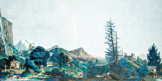 Schloss und Schlossgarten Schwetzingen - Schloss - Mittelbau - Von innen - 2. Obergeschoss - Schweizerzimmer / Compagniezimmer der Reichsgräfin von Hochberg - Ostwand, linke Seite - Ausschnitt aus der Zuber-Panorama-Papiertapete „Les vues de Suisse“ (Entwurfszeichner: Pierre-Antoine Mongin (1761-1827); Druckerei: Zuber, Rixheim, Frankreich; Datierung: 1804; gesamte Tapete: 10,7 Meter x 3,9 Meter, 16 Bahnen, 1024 Holzdruckstöcke, 95 Farben; Konservierung/Restaurierung: zwischen 1988 und 1991) (aufgenommen im Februar 2024, am Nachmittag) Schloss und Schlossgarten Schwetzingen - Schloss - Mittelbau - Von innen - 2. Obergeschoss - Schweizerzimmer / Compagniezimmer der Reichsgräfin von Hochberg - Ostwand, linke Seite - Ausschnitt aus der Zuber-Panorama-Papiertapete „Les vues de Suisse“ (Entwurfszeichner: Pierre-Antoine Mongin (1761-1827); Druckerei: Zuber, Rixheim, Frankreich; Datierung: 1804; gesamte Tapete: 10,7 Meter x 3,9 Meter, 16 Bahnen, 1024 Holzdruckstöcke, 95 Farben; Konservierung/Restaurierung: zwischen 1988 und 1991) (aufgenommen im Februar 2024, am Nachmittag)