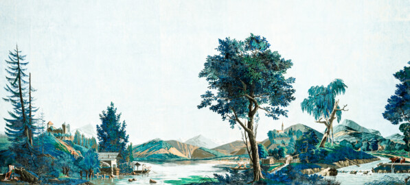 Schloss und Schlossgarten Schwetzingen - Schloss - Mittelbau - Von innen - 2. Obergeschoss - Schweizerzimmer / Compagniezimmer der Reichsgräfin von Hochberg - Ostwand, rechte Seite - Ausschnitt aus der Zuber-Panorama-Papiertapete „Les vues de Suisse“ (Entwurfszeichner: Pierre-Antoine Mongin (1761-1827); Druckerei: Zuber, Rixheim, Frankreich; Datierung: 1804; gesamte Tapete: 10,7 Meter x 3,9 Meter, 16 Bahnen, 1024 Holzdruckstöcke, 95 Farben; Konservierung/Restaurierung: zwischen 1988 und 1991) (aufgenommen im Februar 2024, am Nachmittag)