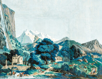 Schloss und Schlossgarten Schwetzingen - Schloss - Mittelbau - Von innen - 2. Obergeschoss - Schweizerzimmer / Compagniezimmer der Reichsgräfin von Hochberg - Ostwand, linke Seite - Ausschnitt aus der Zuber-Panorama-Papiertapete „Les vues de Suisse“ (Entwurfszeichner: Pierre-Antoine Mongin (1761-1827); Druckerei: Zuber, Rixheim, Frankreich; Datierung: 1804; gesamte Tapete: 10,7 Meter x 3,9 Meter, 16 Bahnen, 1024 Holzdruckstöcke, 95 Farben; Konservierung/Restaurierung: zwischen 1988 und 1991) (aufgenommen im Februar 2024, am Nachmittag) Schloss und Schlossgarten Schwetzingen - Schloss - Mittelbau - Von innen - 2. Obergeschoss - Schweizerzimmer / Compagniezimmer der Reichsgräfin von Hochberg - Ostwand, linke Seite - Ausschnitt aus der Zuber-Panorama-Papiertapete „Les vues de Suisse“ (Entwurfszeichner: Pierre-Antoine Mongin (1761-1827); Druckerei: Zuber, Rixheim, Frankreich; Datierung: 1804; gesamte Tapete: 10,7 Meter x 3,9 Meter, 16 Bahnen, 1024 Holzdruckstöcke, 95 Farben; Konservierung/Restaurierung: zwischen 1988 und 1991) (aufgenommen im Februar 2024, am Nachmittag)