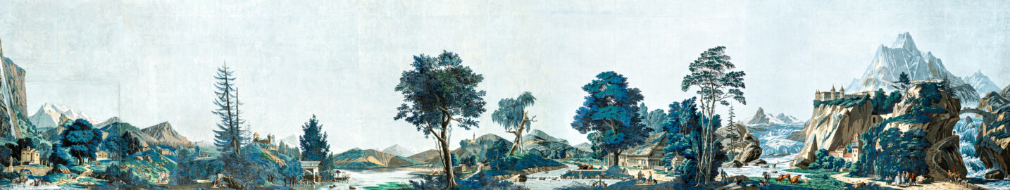 Schloss und Schlossgarten Schwetzingen - Schloss - Mittelbau - Von innen - 2. Obergeschoss - Schweizerzimmer / Compagniezimmer der Reichsgräfin von Hochberg - Komplette Zuber-Panorama-Papiertapete „Les vues de Suisse“ mit Schweizer Alpenlandschaften; dieses Bild ist aus zwei Bildern der Ost- und Nordwand zusammengesetzt; diese Ansicht ist im Zimmer aufgrund der Verteilung der 16 Bahnen der Tapete auf die 24 Bahnen an den vier Wänden so nicht zu sehen (Entwurfszeichner: Pierre-Antoine Mongin (1761-1827); Druckerei: Zuber, Rixheim, Frankreich; Datierung: 1804; Bahnen der Ostwand (linke Tapetenseite) und der Nordwand (rechte Tapetenseite) ergeben die gesamte Tapete; Süd- und Westwand und teilweise Nordwand zeigen Wiederholungen einiger Bahnen der Ost- und Nordwand; gesamte Tapete: 10,7 Meter x 3,9 Meter, 16 Bahnen, 1024 Holzdruckstöcke, 95 Farben; Konservierung/Restaurierung: zwischen 1988 und 1991) (aufgenommen im Februar / März 2024)