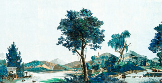 Schloss und Schlossgarten Schwetzingen - Schloss - Mittelbau - Von innen - 2. Obergeschoss - Schweizerzimmer / Compagniezimmer der Reichsgräfin von Hochberg - Ostwand, rechte Seite - Ausschnitt aus der Zuber-Panorama-Papiertapete „Les vues de Suisse“ (Entwurfszeichner: Pierre-Antoine Mongin (1761-1827); Druckerei: Zuber, Rixheim, Frankreich; Datierung: 1804; gesamte Tapete: 10,7 Meter x 3,9 Meter, 16 Bahnen, 1024 Holzdruckstöcke, 95 Farben; Konservierung/Restaurierung: zwischen 1988 und 1991) (aufgenommen im Februar 2024, am Nachmittag) Schloss und Schlossgarten Schwetzingen - Schloss - Mittelbau - Von innen - 2. Obergeschoss - Schweizerzimmer / Compagniezimmer der Reichsgräfin von Hochberg - Ostwand, rechte Seite - Ausschnitt aus der Zuber-Panorama-Papiertapete „Les vues de Suisse“ (Entwurfszeichner: Pierre-Antoine Mongin (1761-1827); Druckerei: Zuber, Rixheim, Frankreich; Datierung: 1804; gesamte Tapete: 10,7 Meter x 3,9 Meter, 16 Bahnen, 1024 Holzdruckstöcke, 95 Farben; Konservierung/Restaurierung: zwischen 1988 und 1991) (aufgenommen im Februar 2024, am Nachmittag)