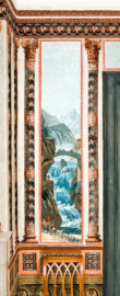 Schloss und Schlossgarten Schwetzingen - Schloss - Mittelbau - Von innen - 2. Obergeschoss - Schweizerzimmer / Compagniezimmer der Reichsgräfin von Hochberg - Südwand, links der Tür zum Wohnzimmer - Eine Bahn der Zuber-Panorama-Papiertapete „Les vues de Suisse“ (Entwurfszeichner: Pierre-Antoine Mongin (1761-1827); Druckerei: Zuber, Rixheim, Frankreich; Datierung: 1804; gesamte Tapete: 10,7 Meter x 3,9 Meter, 16 Bahnen, 1024 Holzdruckstöcke, 95 Farben; Konservierung/Restaurierung: zwischen 1988 und 1991) (aufgenommen im März 2024, um die Mittagszeit)