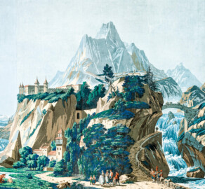 Schloss und Schlossgarten Schwetzingen - Schloss - Mittelbau - Von innen - 2. Obergeschoss - Schweizerzimmer / Compagniezimmer der Reichsgräfin von Hochberg - Nordwand, rechte Seite - Ausschnitt aus der Zuber-Panorama-Papiertapete „Les vues de Suisse“ (Entwurfszeichner: Pierre-Antoine Mongin (1761-1827); Druckerei: Zuber, Rixheim, Frankreich; Datierung: 1804; gesamte Tapete: 10,7 Meter x 3,9 Meter, 16 Bahnen, 1024 Holzdruckstöcke, 95 Farben; Konservierung/Restaurierung: zwischen 1988 und 1991) (aufgenommen im Februar 2024, um die Mittagszeit) Schloss und Schlossgarten Schwetzingen - Schloss - Mittelbau - Von innen - 2. Obergeschoss - Schweizerzimmer / Compagniezimmer der Reichsgräfin von Hochberg - Nordwand, rechte Seite - Ausschnitt aus der Zuber-Panorama-Papiertapete „Les vues de Suisse“ (Entwurfszeichner: Pierre-Antoine Mongin (1761-1827); Druckerei: Zuber, Rixheim, Frankreich; Datierung: 1804; gesamte Tapete: 10,7 Meter x 3,9 Meter, 16 Bahnen, 1024 Holzdruckstöcke, 95 Farben; Konservierung/Restaurierung: zwischen 1988 und 1991) (aufgenommen im Februar 2024, um die Mittagszeit)